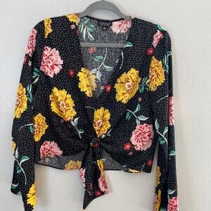 TOPSHOP | black floral and polka dot tie front cropped long sleeve top size 6